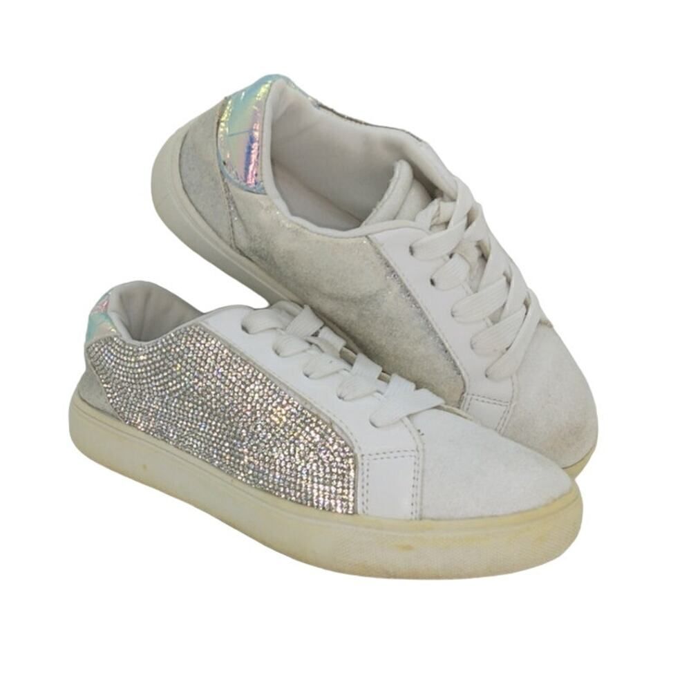 Steve Madden Girls Pre-owned Leather Silver/White Glitter Sneakers - sz. 2